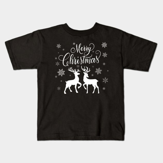 Merry Christmas with deer and snowflakes Kids T-Shirt by CalliLetters